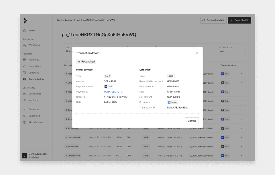 Reconciliation data in dashboard